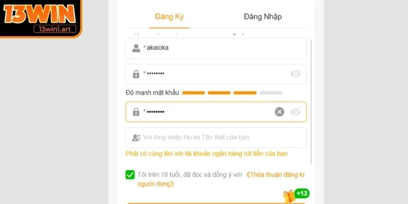 Điền thông tin đăng ký 13WIN
